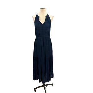 Self Contrast Navy‎ Gauze Halter Tiered Midi Dress Boho Sleeveless Size Medium